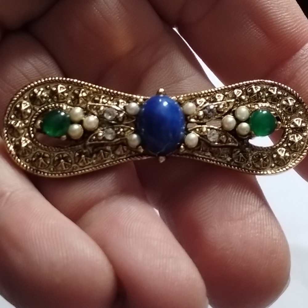 Vtg Blue Green Glass Cabochon Faux Pearl Bar Pin Brooch.